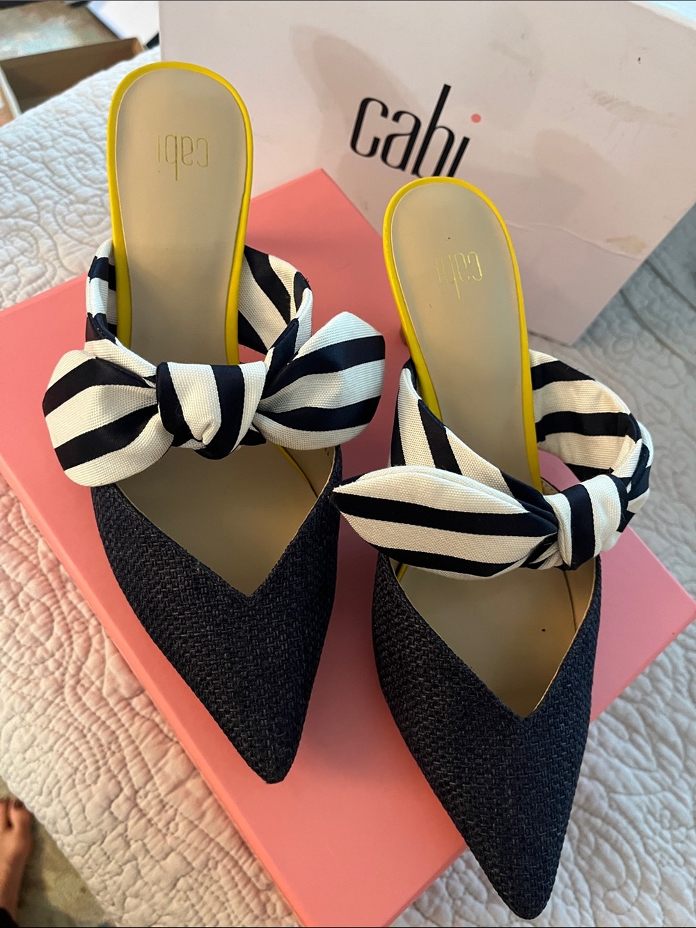 CAbi Navy Pointed Mule with Black-and-White Striped Bow